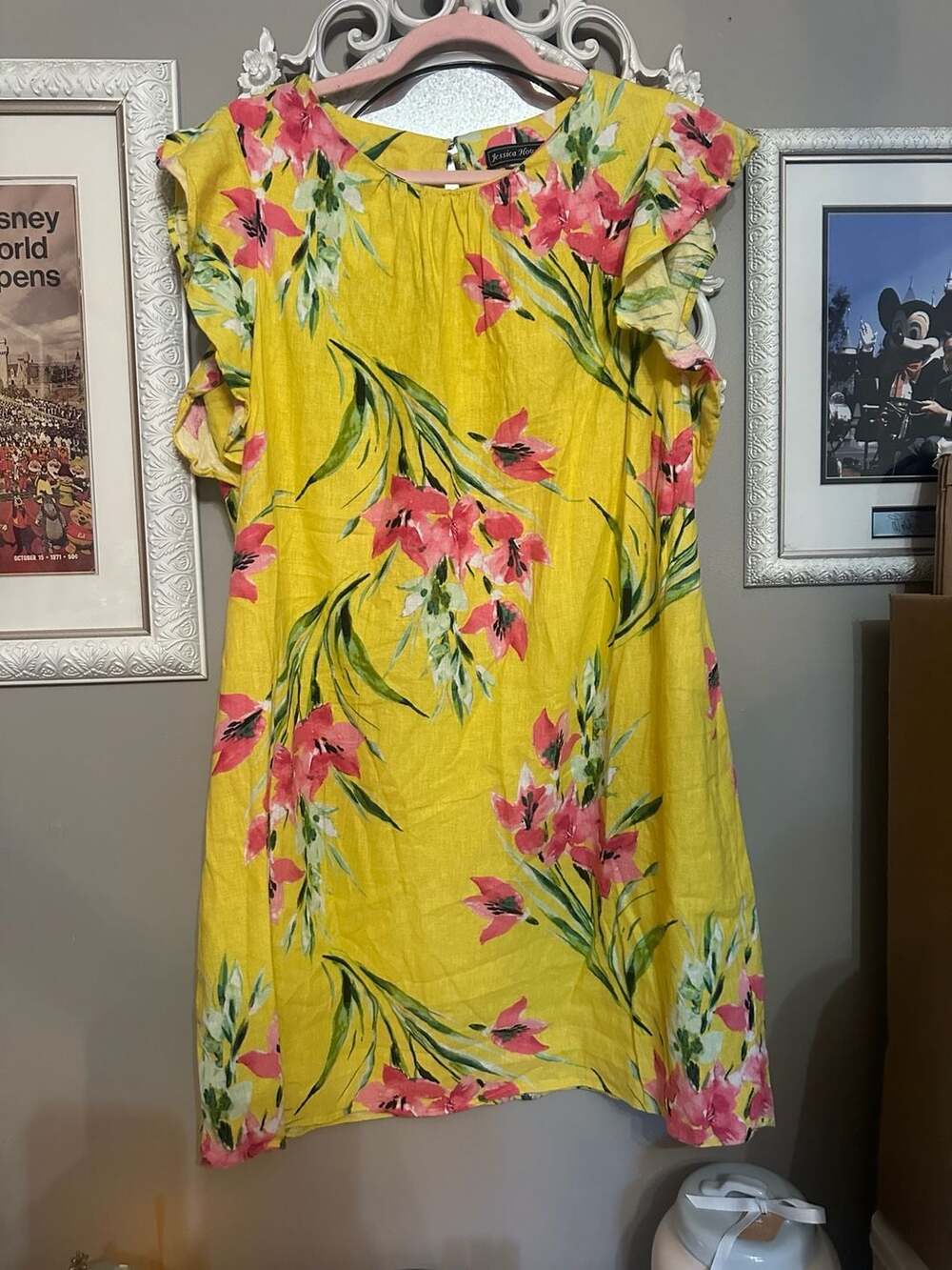 Jessica Howard Yellow Floral Linen Blend Flutter Sleeve Dress